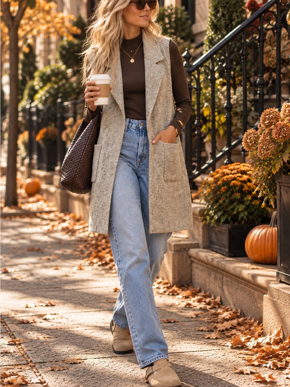 Monteau Light Cream Textured Sleeveless Open-Front Cardigan Vest